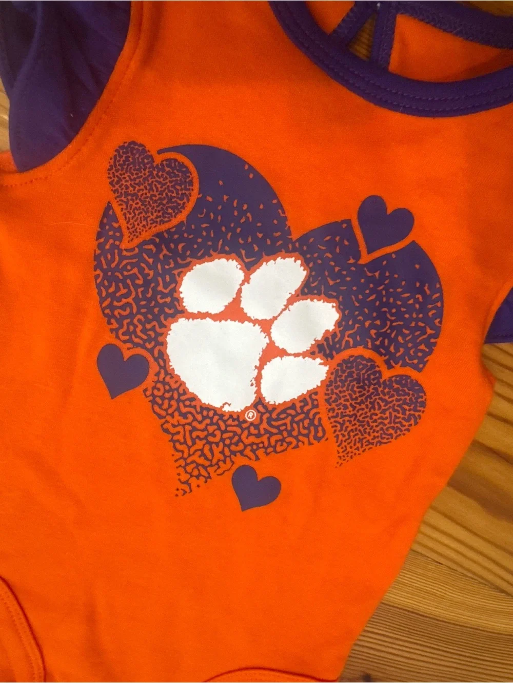 Clemson Orange & Purple Heart Paw Baby Onesie 3-6 month New Bodysuit 100% cotton
